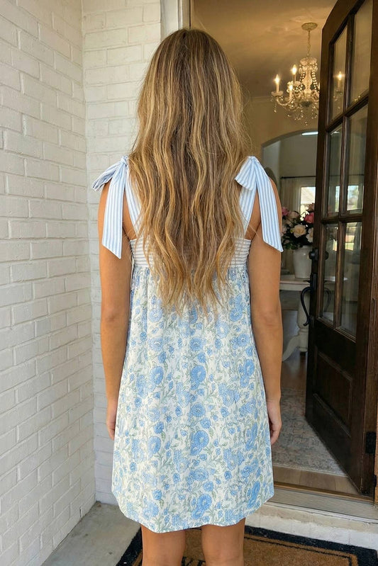 LAS Floral Stripe Patchwork Bow Knot Strap Mini Dress (S-XL): Sky Blue / Missy / L