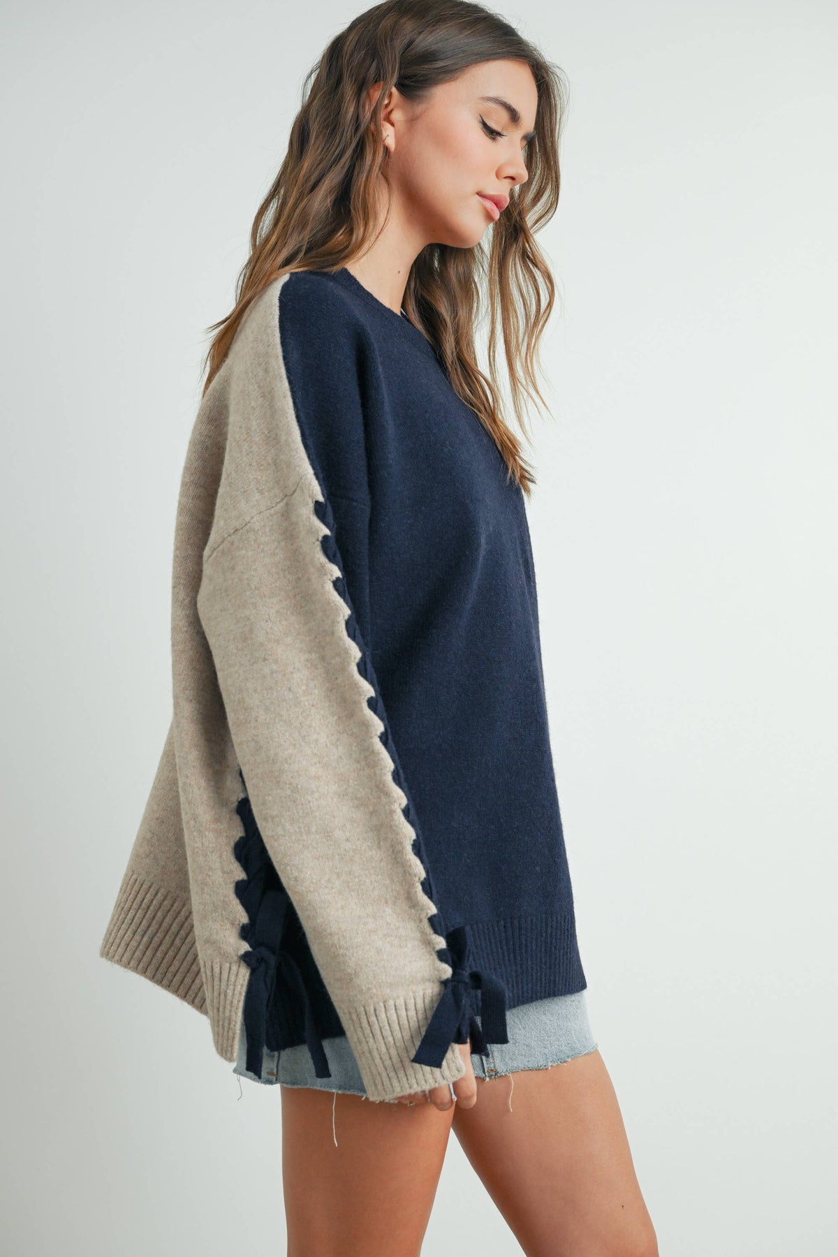 Crew Neck Long Sleeve Pullover Sweater - BMW7587: TAUPE MULTI / M