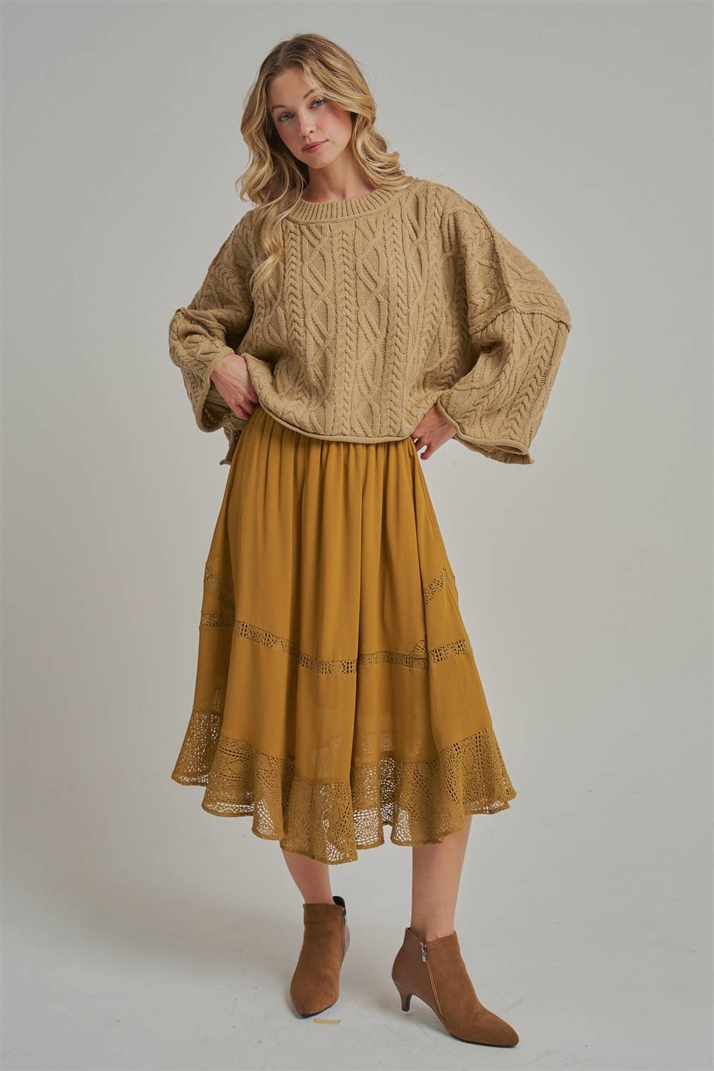 CRINKLED WOVEN BOHO MIDI SKIRT _JLB80101-01: OLIVE / S-M-L(2-2-2)