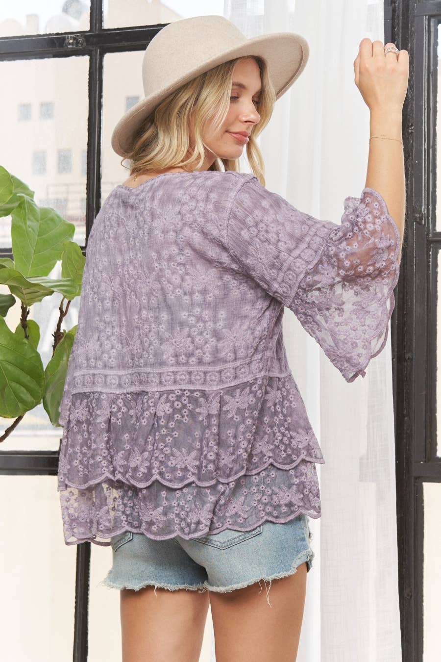 LET3907- BELL SLEEVE LACE TOP: KHAKI / S/M-M/L(3-3)