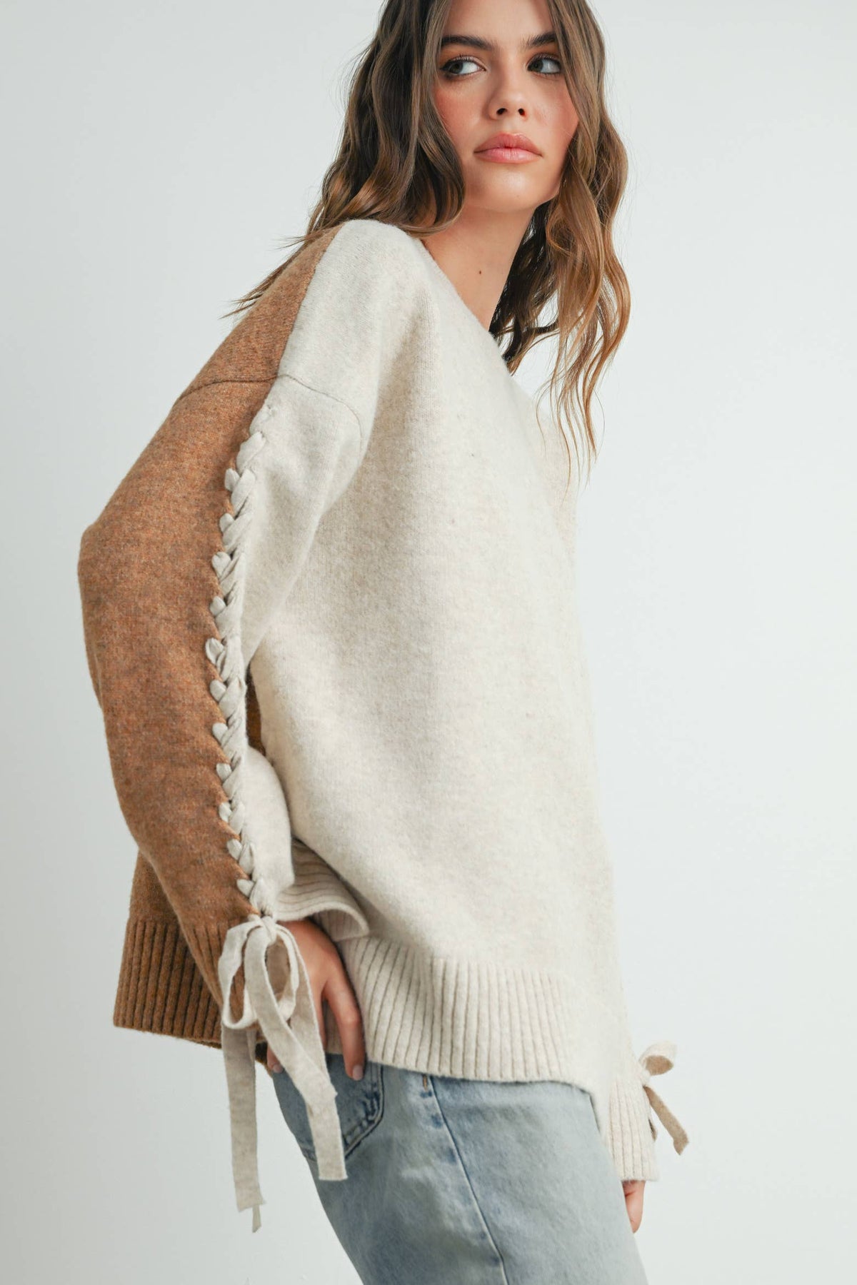 Crew Neck Long Sleeve Pullover Sweater - BMW7587: TAUPE MULTI / M