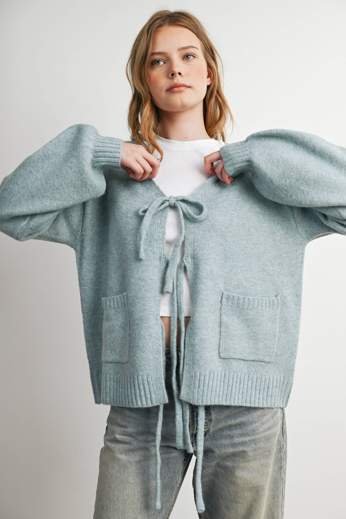 Knot Front Long Sleeve V-Neck Cardigan - BMC7914: TAUPE / S