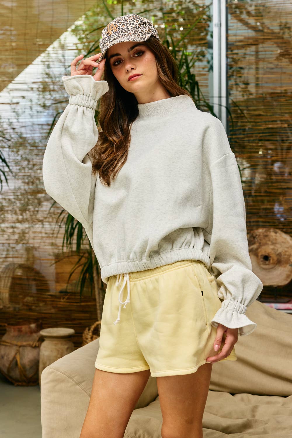 IT2995 Ruffled cuff Detail Mock-neck Crop Terry Sweatshirt: LAVENDER / S-M-L (2-2-2)
