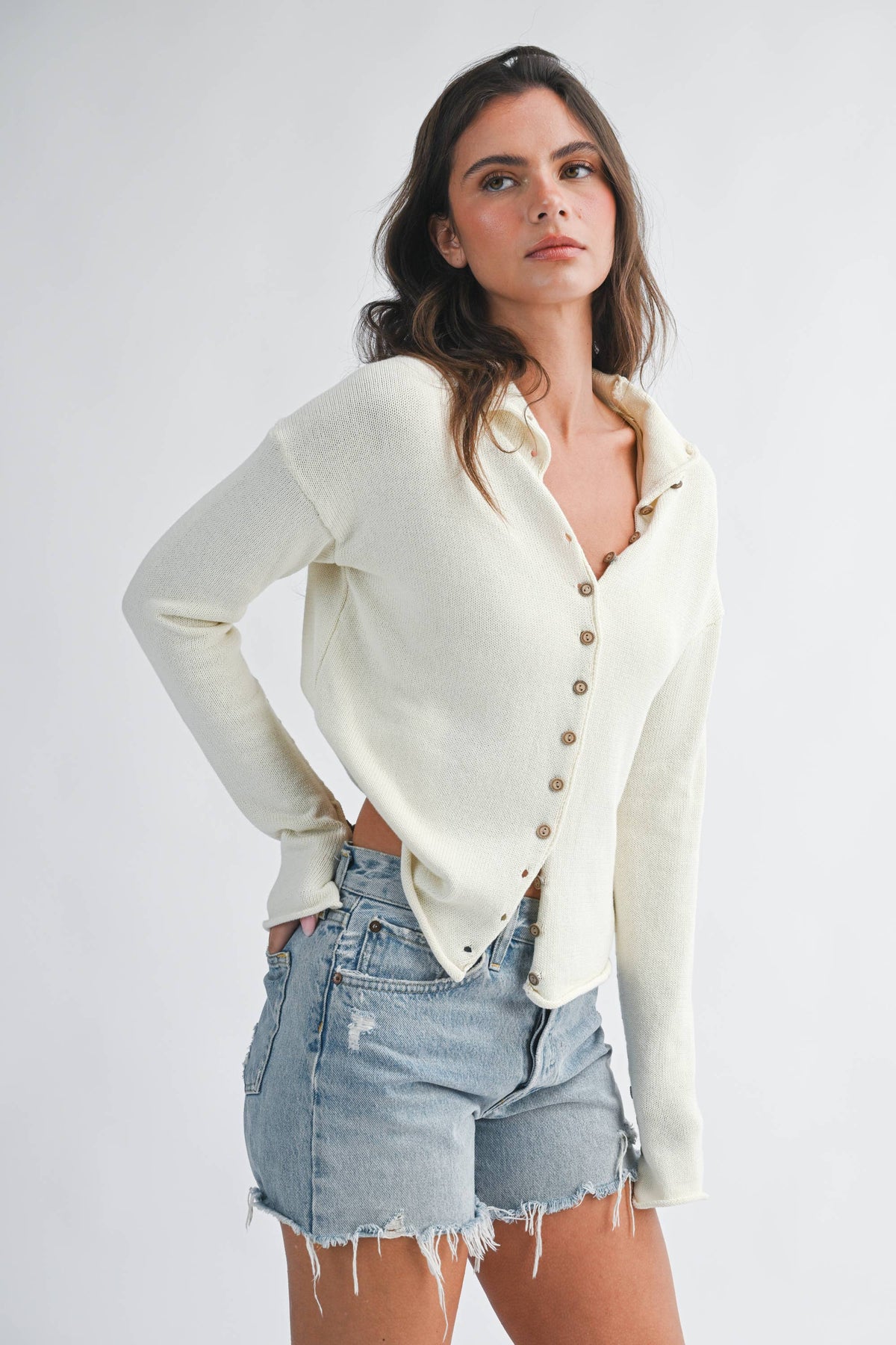 5221HK Button Front Cropped Knit Cardigan: Pink / Contemporary / L