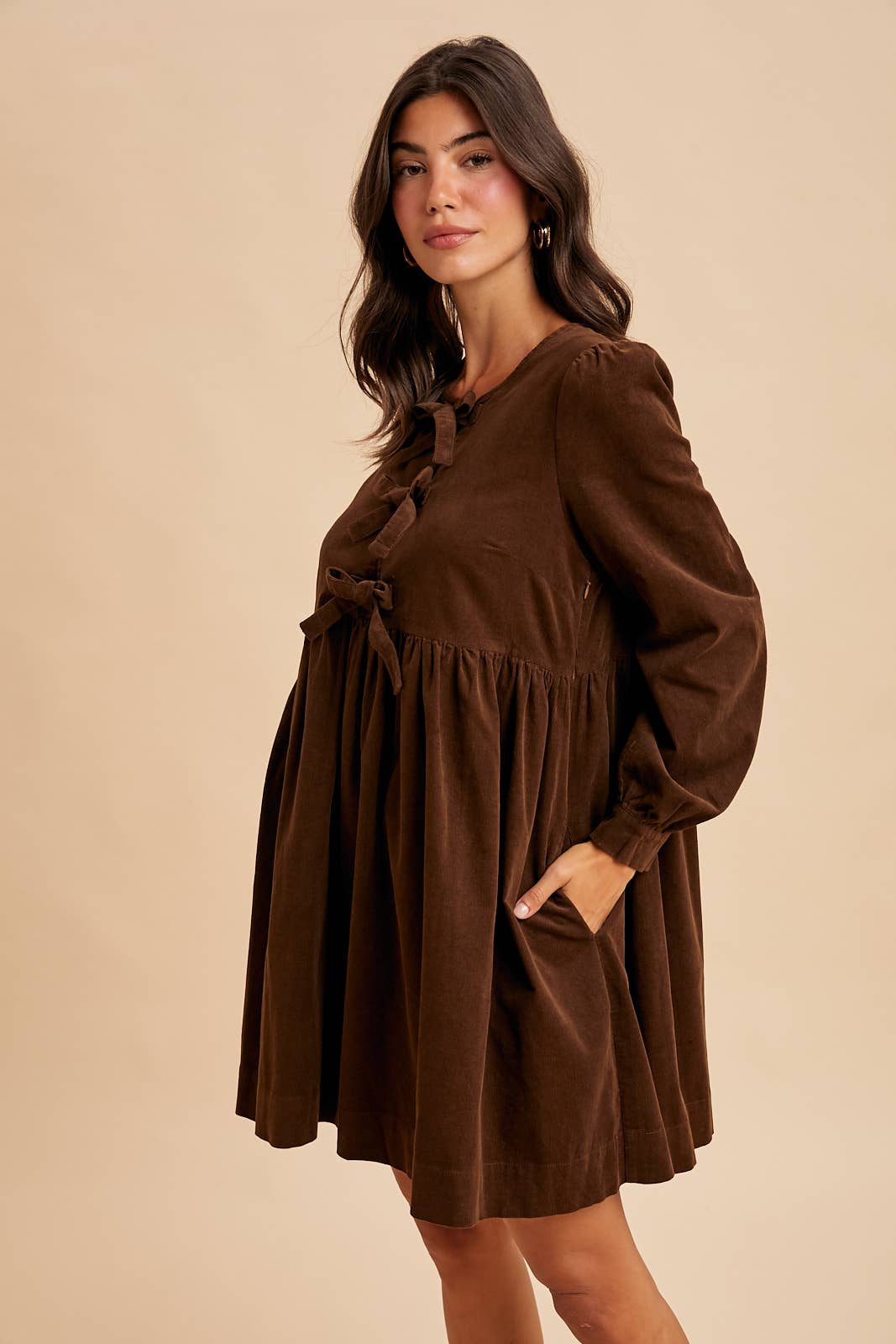 BOW TIE CORDUROY MINI DRESS: OLIVE / S