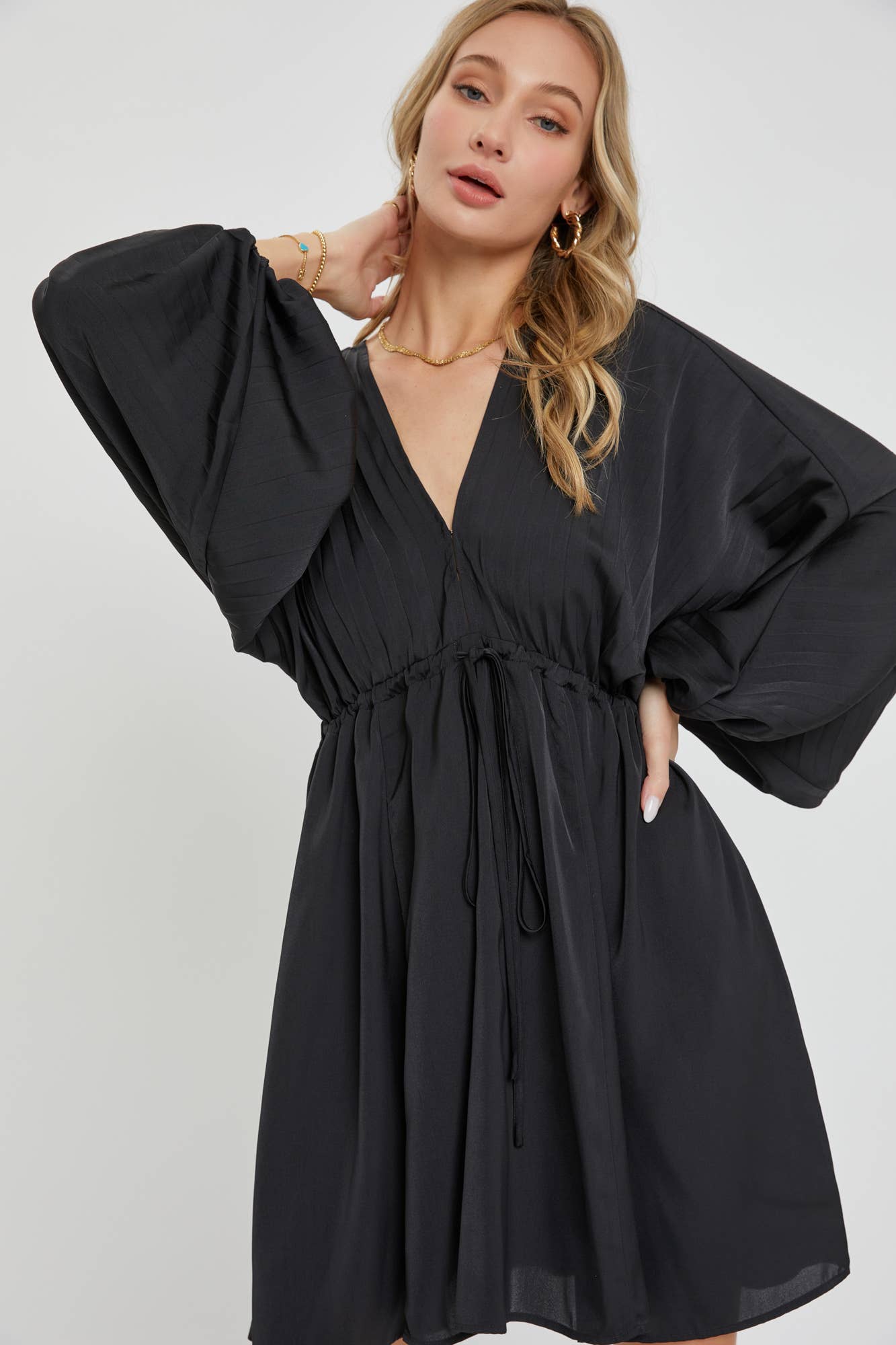Black Satin V Neck Dress