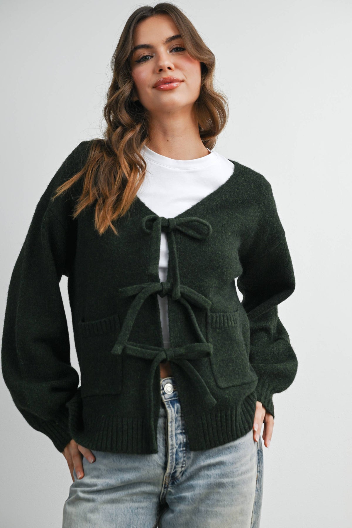 Knot Front Long Sleeve V-Neck Cardigan - BMC7914: TAUPE / S