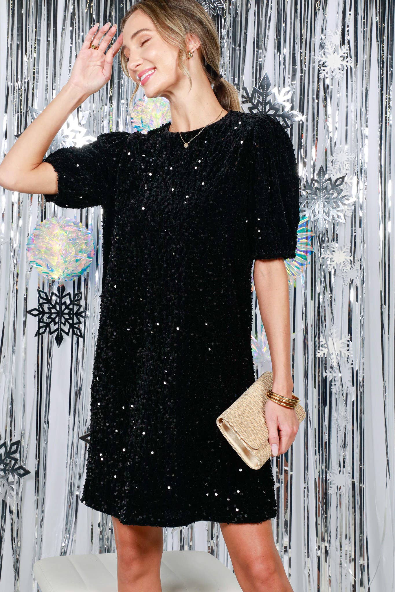 Velvet Sequin Accent Knee Dress VD82073: Grey / S