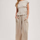 RELAXED KNIT SMOCKED TOP AND WIDE PANTS SET: Beige / S