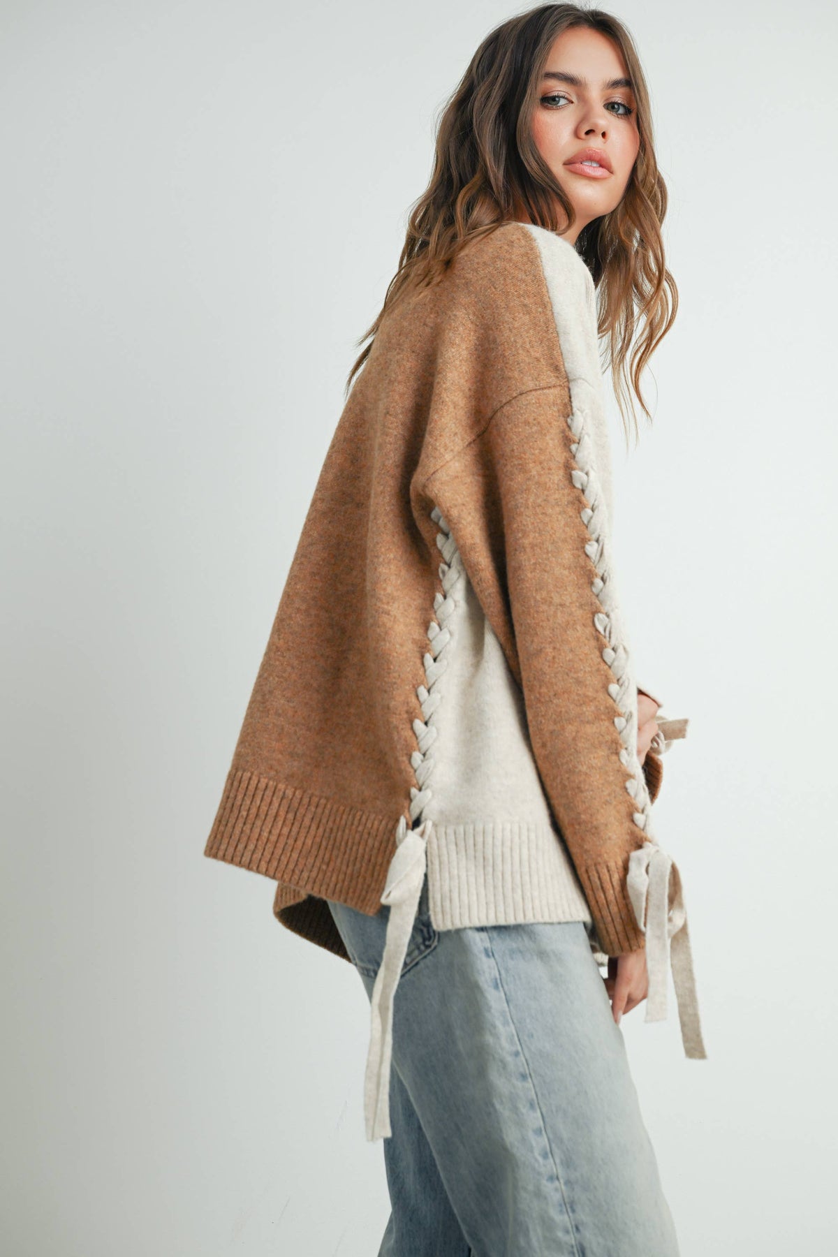 Crew Neck Long Sleeve Pullover Sweater - BMW7587: TAUPE MULTI / M