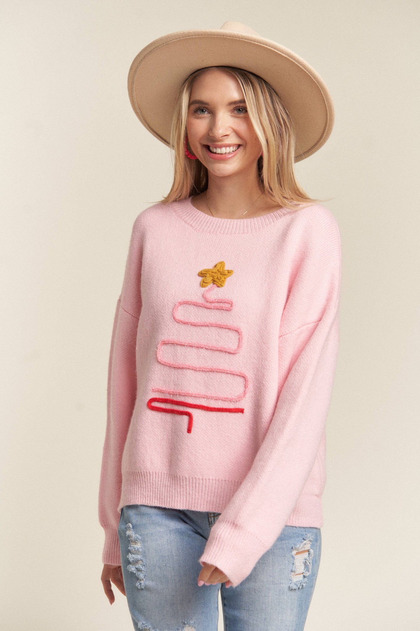 LESW3436- X-MAS TREE ACCENT SWEATER: IVORY / S-M-L(2-2-2)