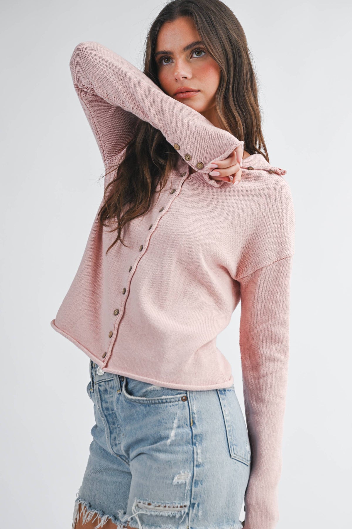 5221HK Button Front Cropped Knit Cardigan: Pink / Contemporary / S