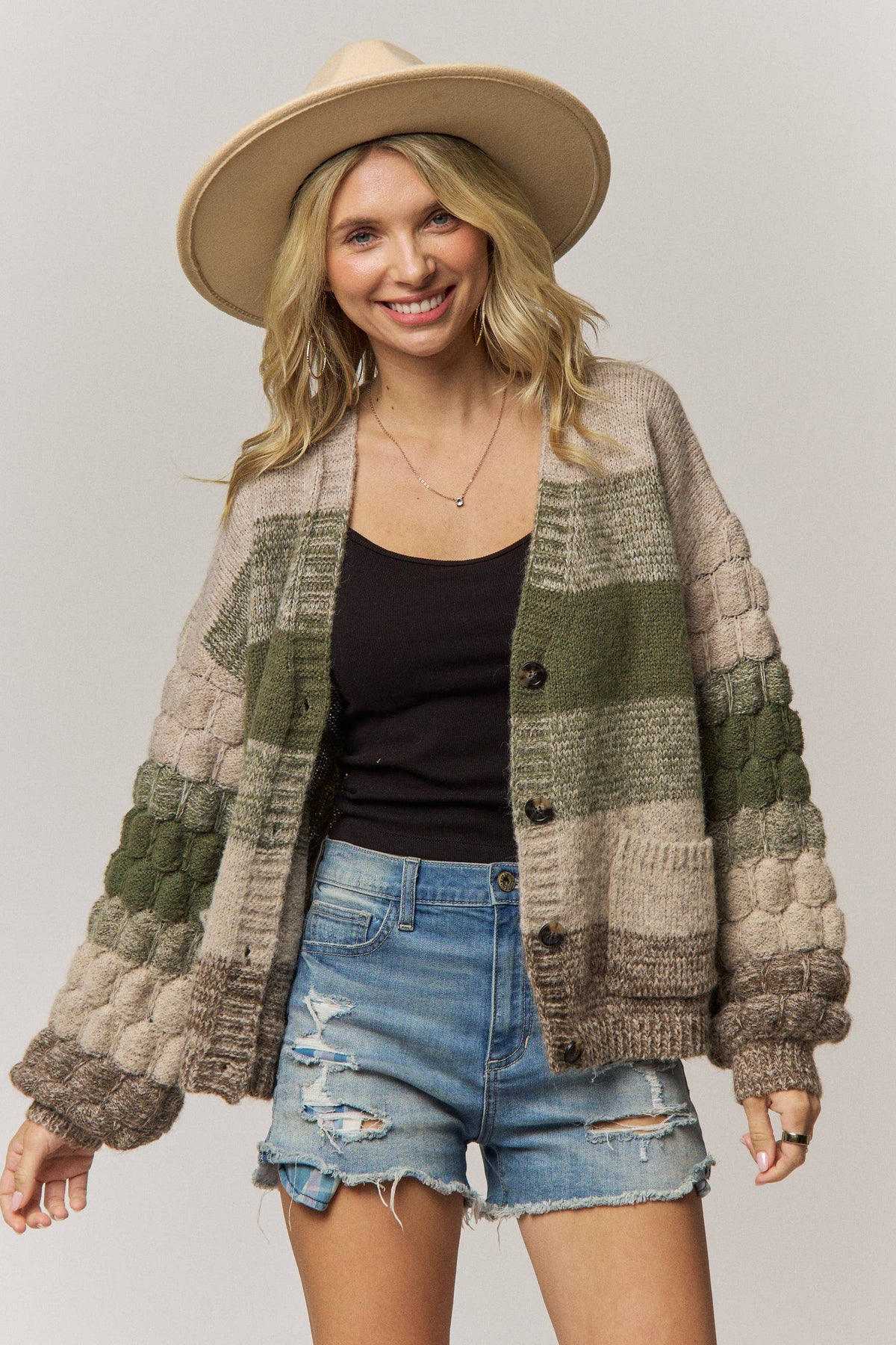 Olive Bubble Knit Cardigan