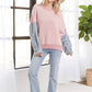 LESW3192 - FRAYED DENIM SLEEVE SWEATER TOP: BLUSH / S-M-L(2-2-2)