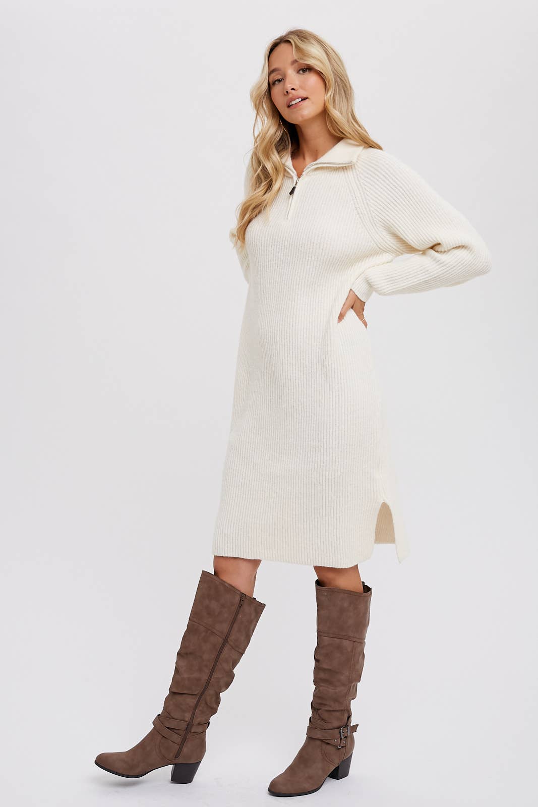 Cream Quarter-Zip Dress