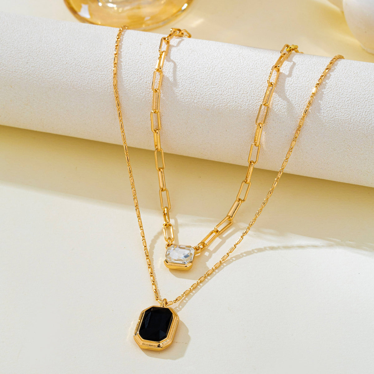 Layered Paperclip Chain Double Gemstone Necklace | 80N93798: GOLD