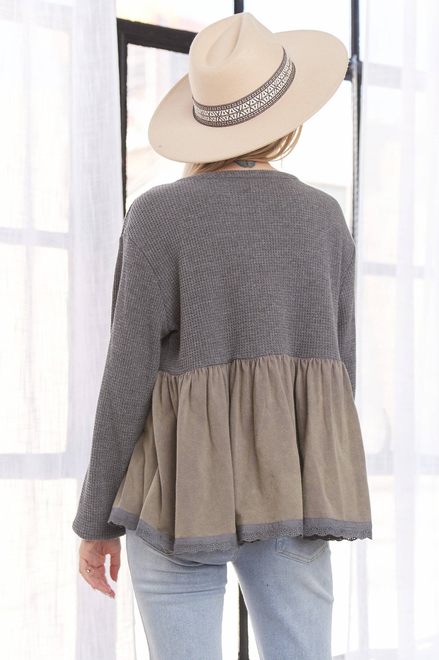 LET3678WN - MINERAL WASHED BABYDOLL TOP: OLIVE / S-M-L(2-2-2)