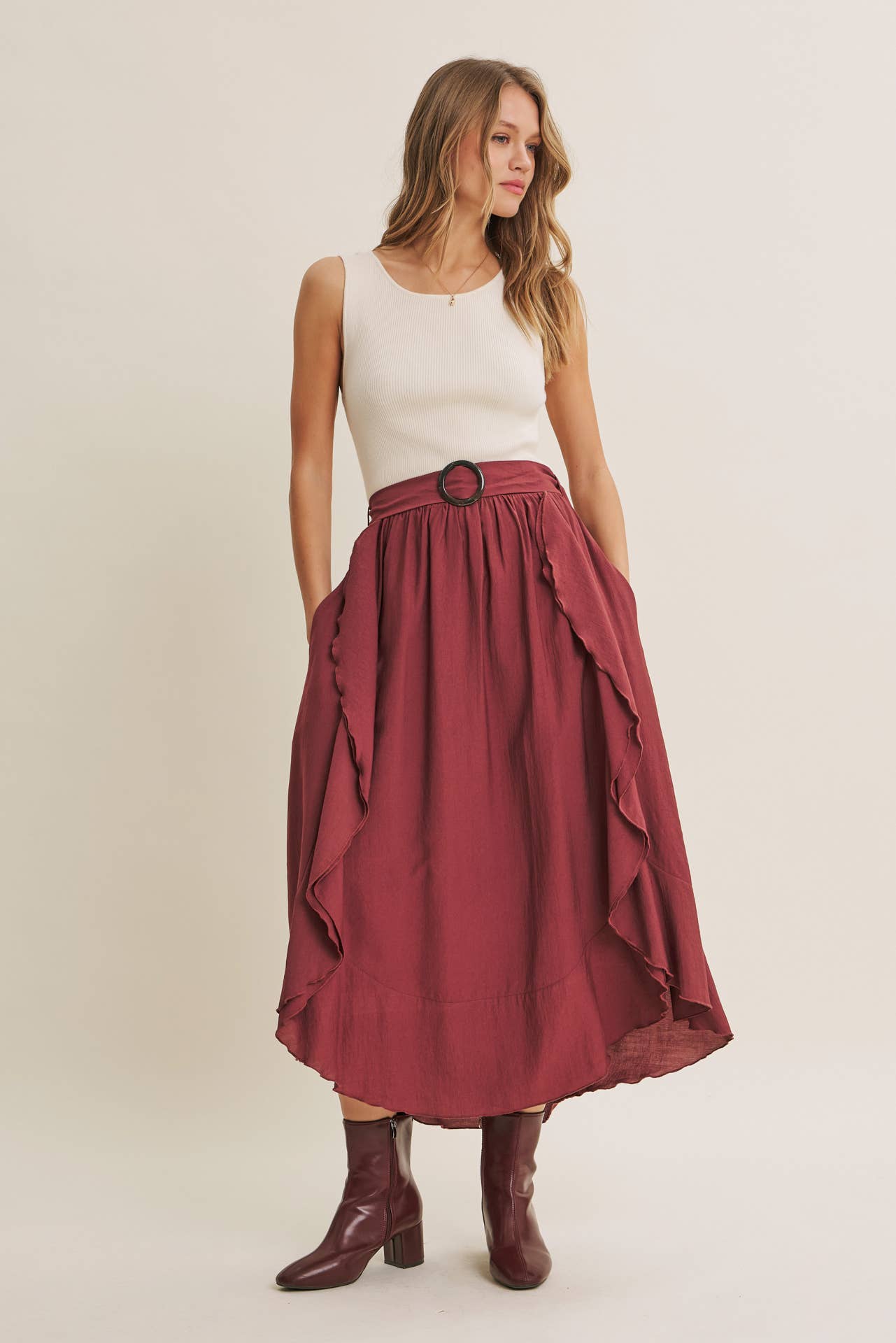 RUSTIC WEEKEND TWOFER MAXI DRESS WITH CASCADING RUFFLES: COCONUT BROWN / S