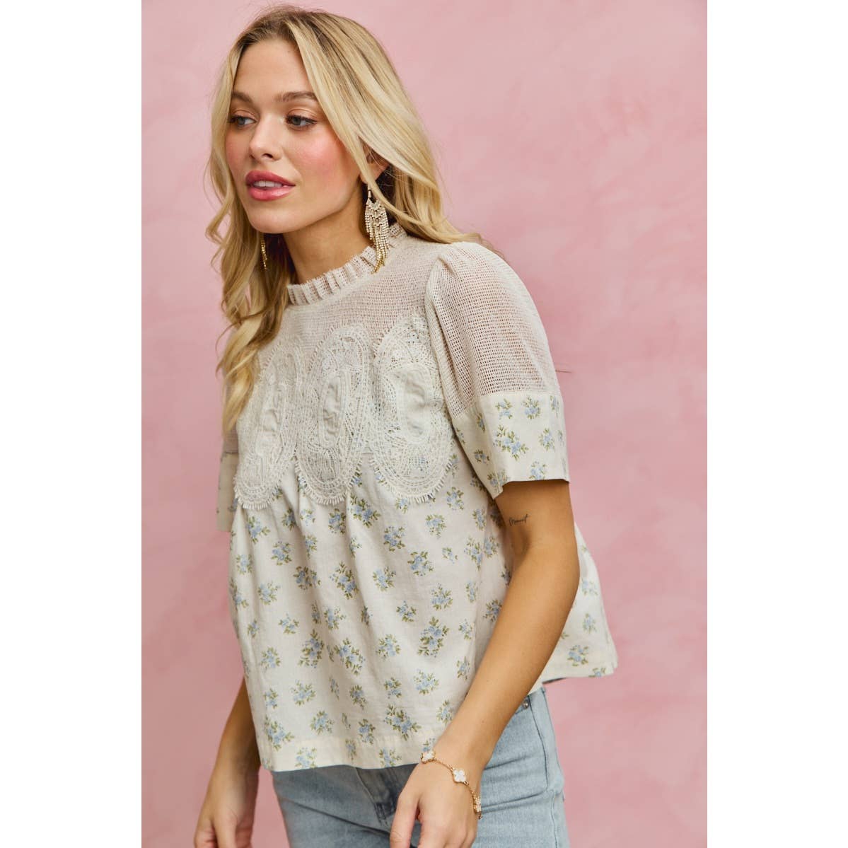 FLORAL PRINT LACE TRIM COTTON BLOUSE TOP: BLUE / S