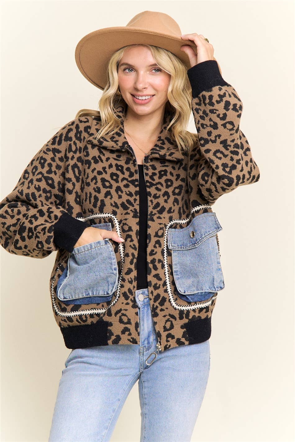 LESW4150-LEOPARD PRINT JACKET WITH DENIM POCKETS: Brown / ONESIZE(6)