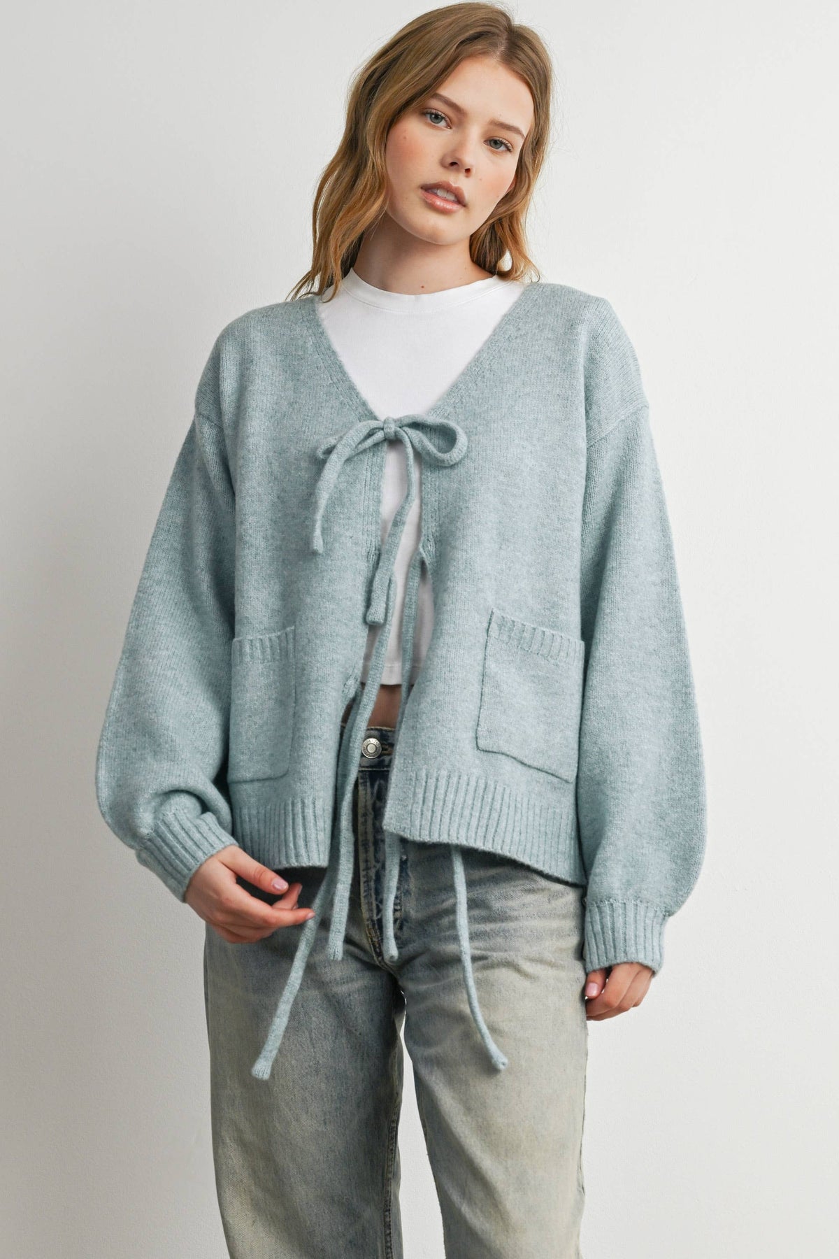 Knot Front Long Sleeve V-Neck Cardigan - BMC7914: TAUPE / M