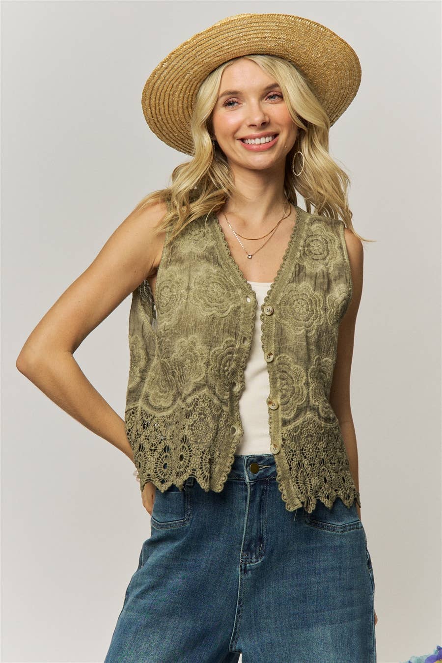 BOHO FLORAL CROCHET LACE VEST- LET4303: Beige / ONESIZE(6)