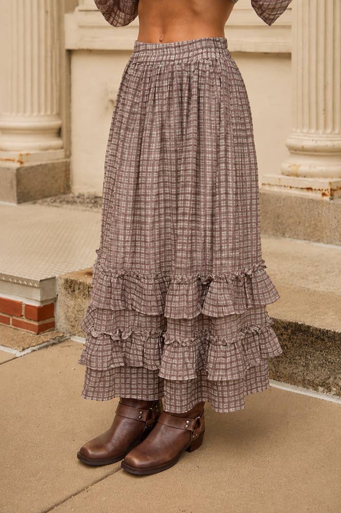 PLAID RUFFLED TIERED HEM MIDI SKIRT: BROWN