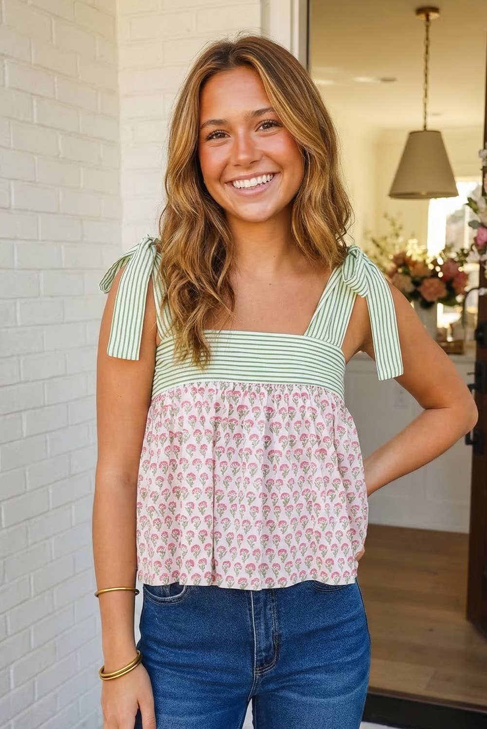 LAS Floral Printed Knot Straps Babydoll Tank Top (S-XL): Green / Missy / XL