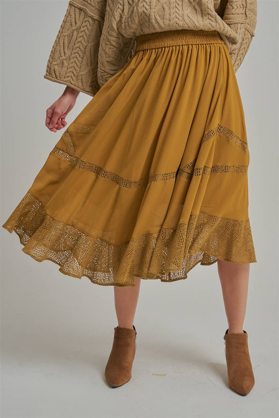 CRINKLED WOVEN BOHO MIDI SKIRT _JLB80101-01: OLIVE / S-M-L(2-2-2)