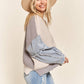 LESW3192 - FRAYED DENIM SLEEVE SWEATER TOP: BLUSH / S-M-L(2-2-2)