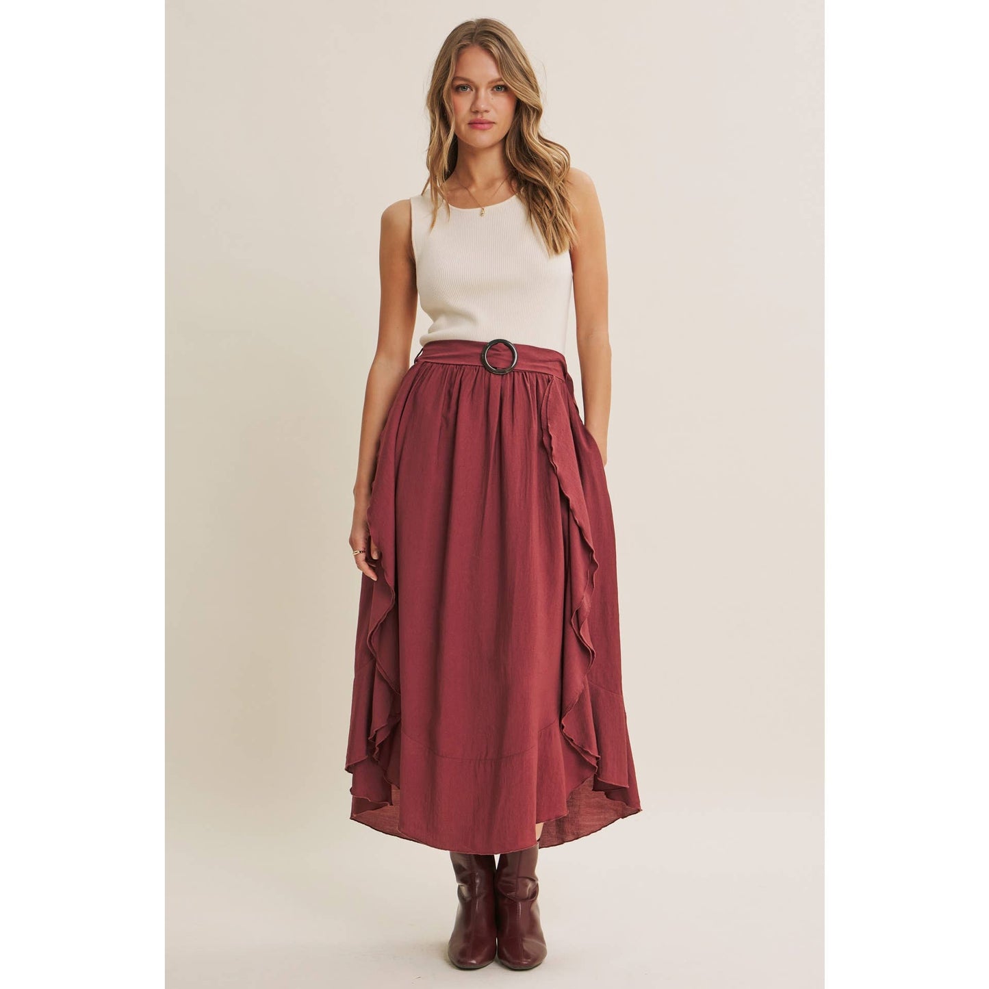 RUSTIC WEEKEND TWOFER MAXI DRESS WITH CASCADING RUFFLES: COCONUT BROWN / S