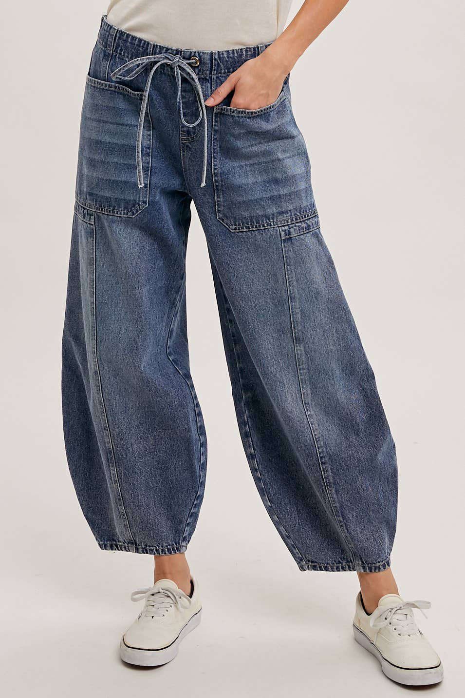 DENIM MID-WAIST DRAWSTRINGS BARREL JEANS: LT.WASH / S