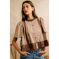 COTTON CHECK LACE TRIM FLUTTER SLEEVES BLOUSE TOP: BROWN / L