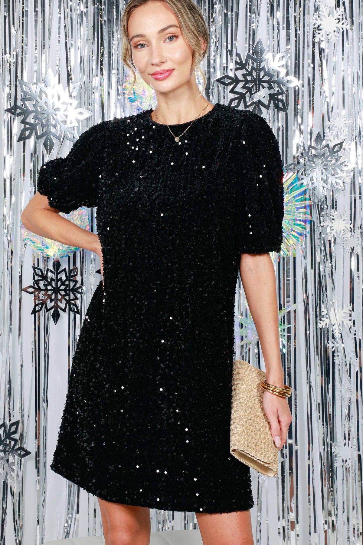 Velvet Sequin Accent Knee Dress VD82073: Grey / S