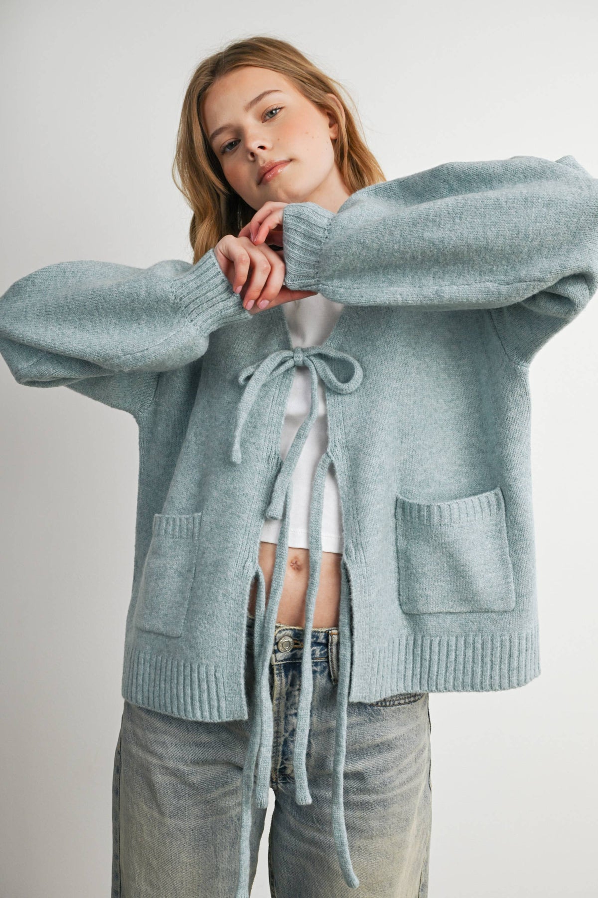 Knot Front Long Sleeve V-Neck Cardigan - BMC7914: TAUPE / M