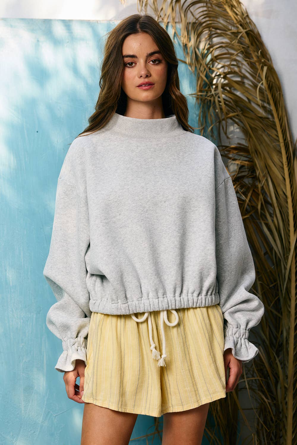 IT2995 Ruffled cuff Detail Mock-neck Crop Terry Sweatshirt: LAVENDER / S-M-L (2-2-2)