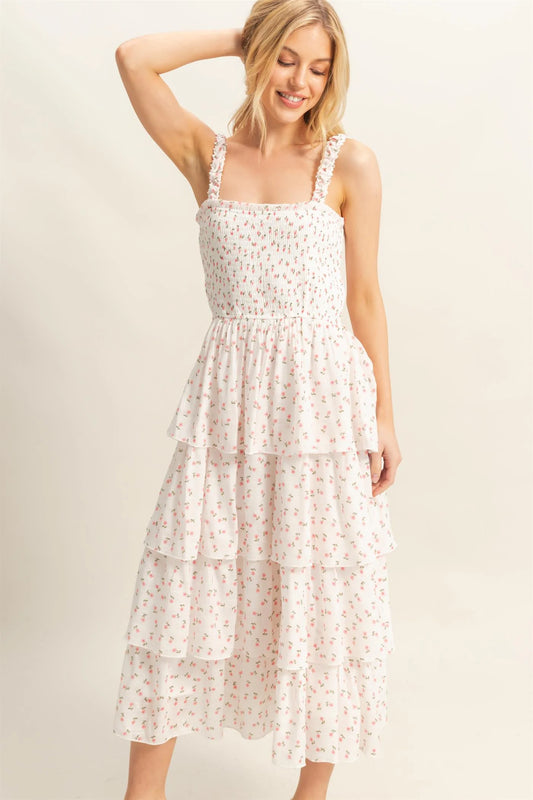 White Floral Tiered Midi Dress