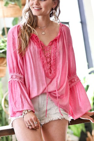 Lace Trim Mineral Washed Blouse