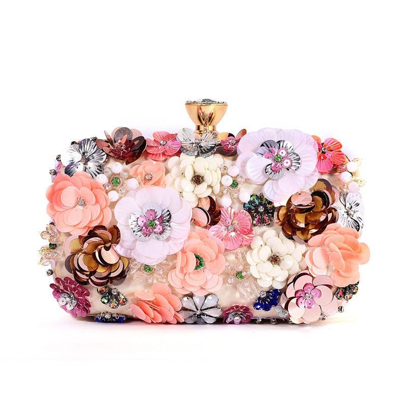 K020 Floral Embellished Clutch Bag: Champagne