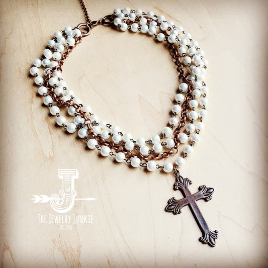 Pearl and Copper Cross Necklace
