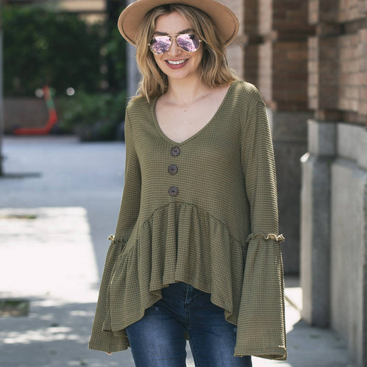 Empire Waist Bell Sleeve With Wood Button Knit Top